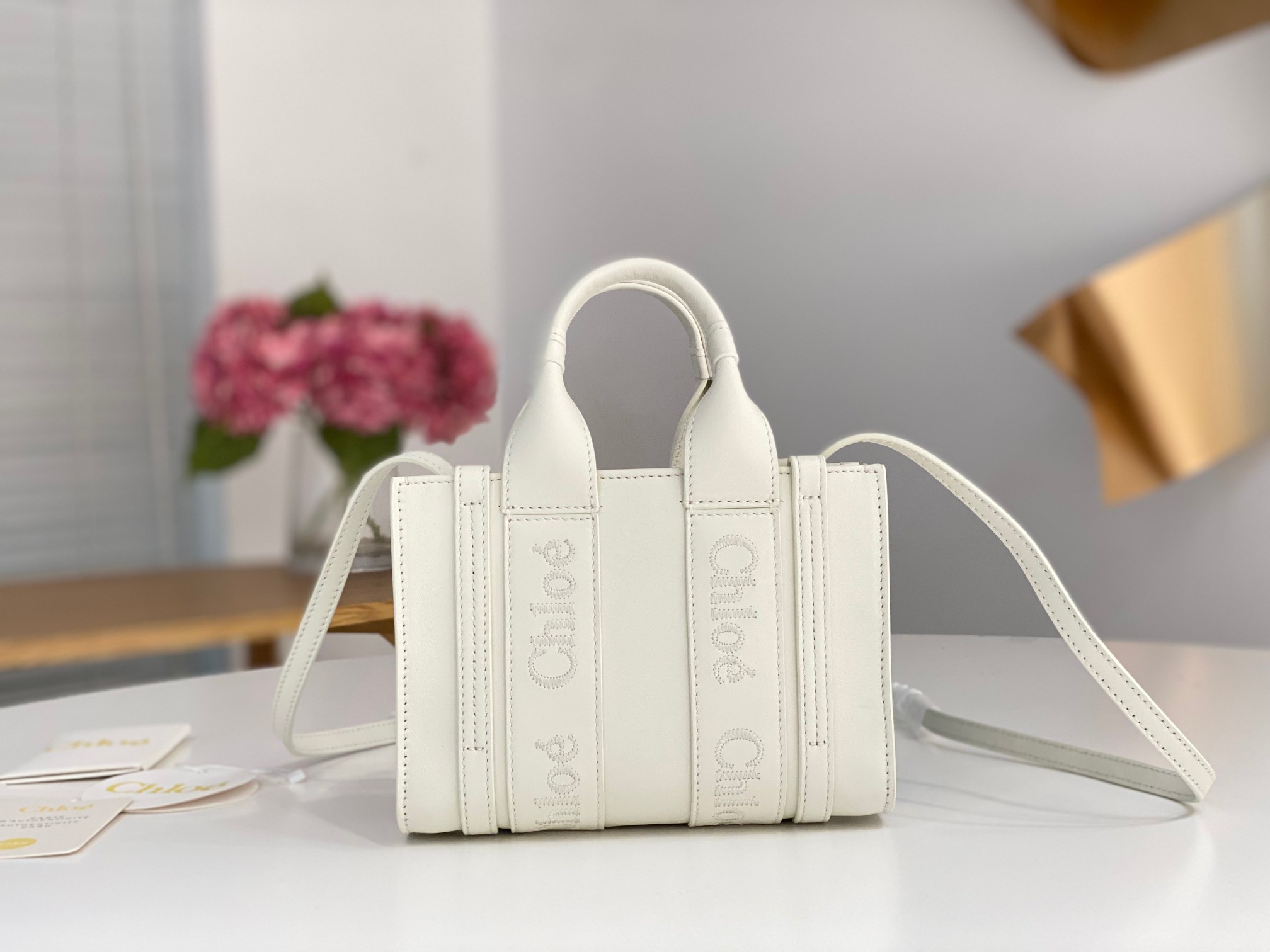 Chloe Mini Woody Tote Bag In White Soft Smooth Calfskin Leather